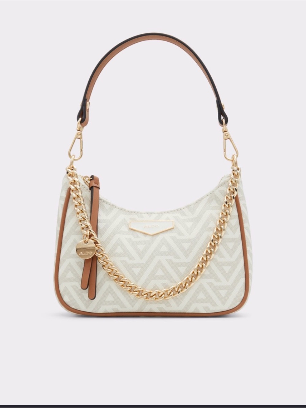 Aldo Cream Jacquard Shoulder Bag with Tan Trim and Gold Chain